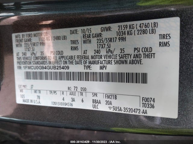 Ford ESCAPE SE 2016 1FMCU0G94GUB25409 Image 9