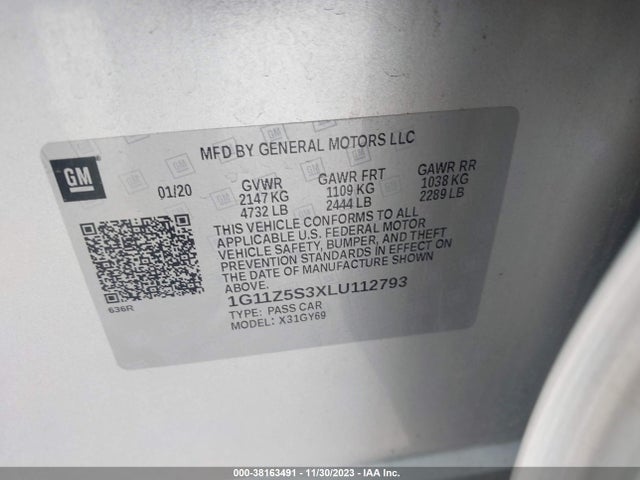 Продаж на аукціоні авто 2020 Chevrolet Impala Fwd Lt, vin: 1G11Z5S3XLU112793, номер лоту: 38163491