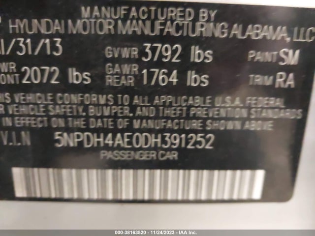 2013 HYUNDAI ELANTRA GLS VIN: 5NPDH4AE0DH391252