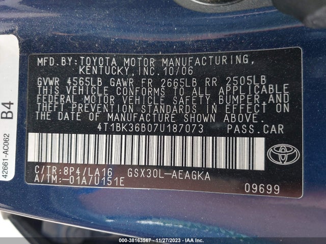 2007 TOYOTA AVALON XLS VIN: 4T1BK36B07U187073