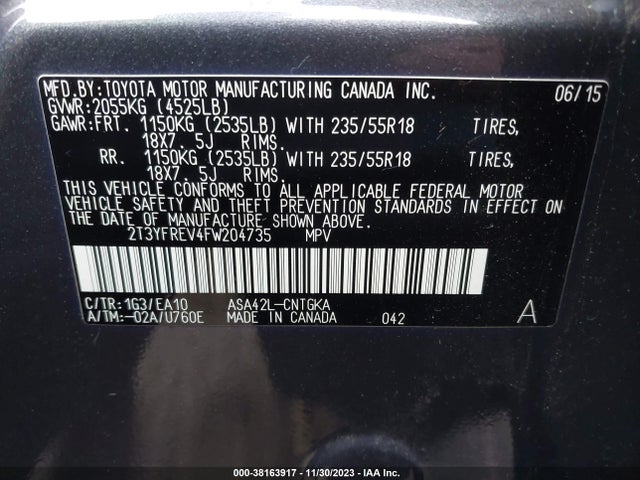2015 TOYOTA RAV4 LIMITED VIN: 2T3YFREV4FW204735