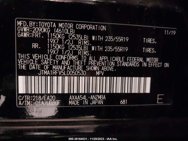 2020 TOYOTA RAV4 XLE PREMIUM VIN: JTMA1RFV5LD050530