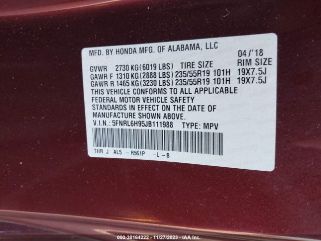 5FNRL6H95JB111988 Honda Odyssey Elite