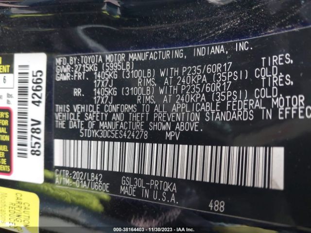 5TDYK3DC5ES424278 Toyota Sienna Xle V6 8 Passenger