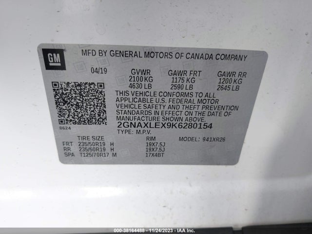 2019 CHEVROLET EQUINOX LT VIN: 2GNAXLEX9K6280154