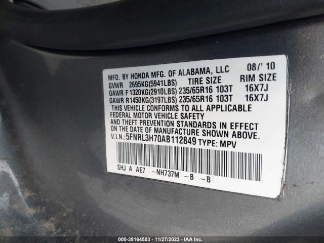 2010 HONDA ODYSSEY EX-L VIN: 5FNRL3H70AB112849