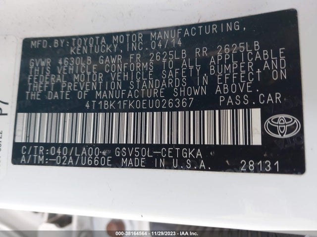 2014 TOYOTA CAMRY XLE V6 VIN: 4T1BK1FK0EU026367