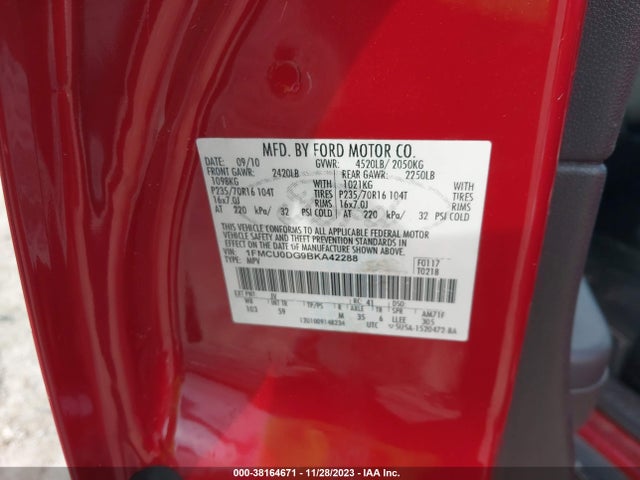 2011 FORD ESCAPE XLT VIN: 1FMCU0DG9BKA42288