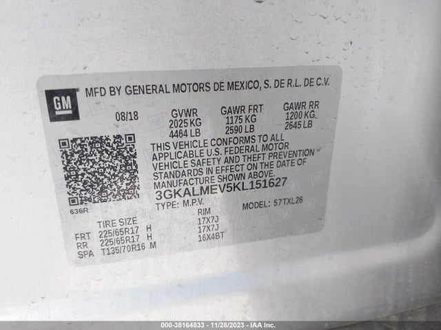 2019 GMC TERRAIN SLE VIN: 3GKALMEV5KL151627