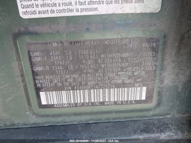 Продаж на аукціоні авто 2010 Subaru Outback 2.5i Limited, vin: 4S4BRBKC5A3329256, номер лоту: 38164880