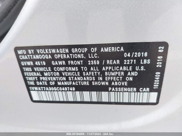 1VWAT7A30GC049749 Volkswagen Passat 1.8t S