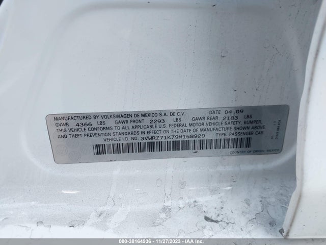 2009 VOLKSWAGEN JETTA SE VIN: 3VWRZ71K79M158929