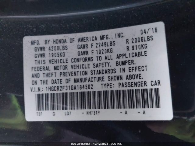 1HGCR2F31GA184502 Honda ACCORD LX