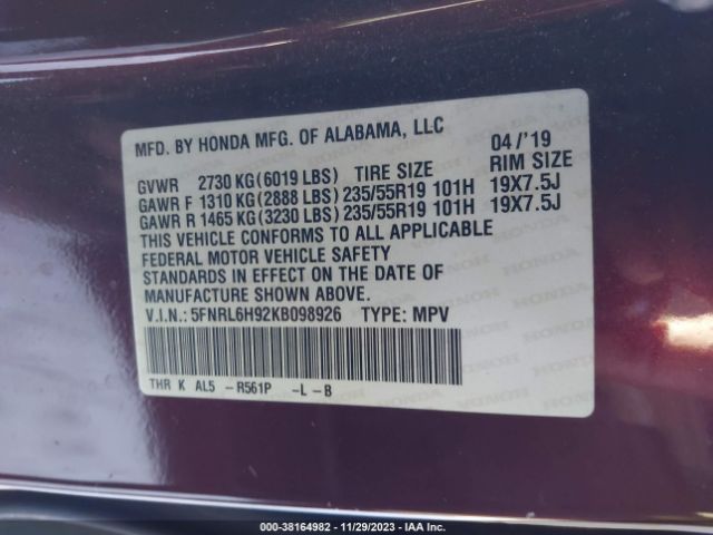 5FNRL6H92KB098926 Honda Odyssey Elite