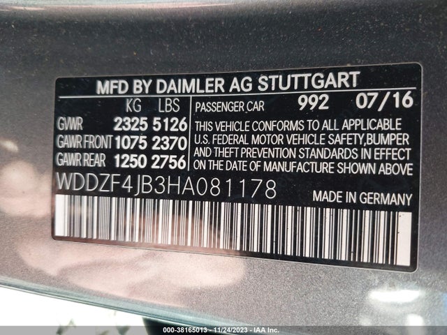 2017 Mercedes-benz E 300 მანქანა იყიდება აუქციონზე, vin: WDDZF4JB3HA081178, აუქციონის ნომერი: 38165013