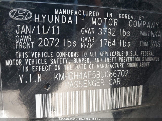 2011 HYUNDAI ELANTRA GLS (ULSAN PLANT) VIN: KMHDH4AE5BU086702