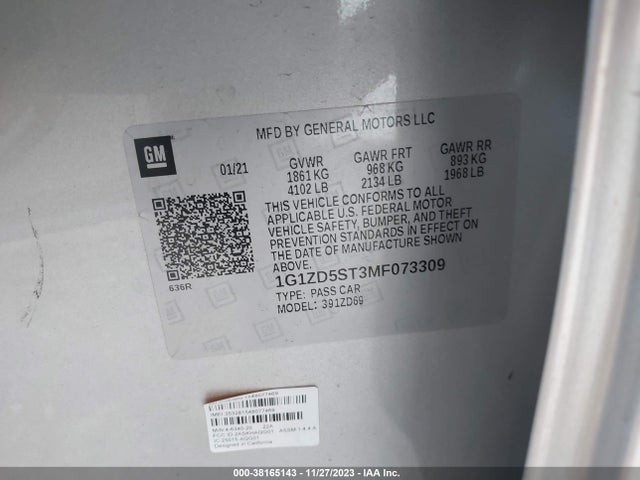 2021 CHEVROLET MALIBU FWD LT VIN: 1G1ZD5ST3MF073309