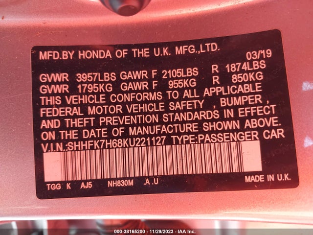 Honda CIVIC EX 2019 SHHFK7H68KU221127 Image 9