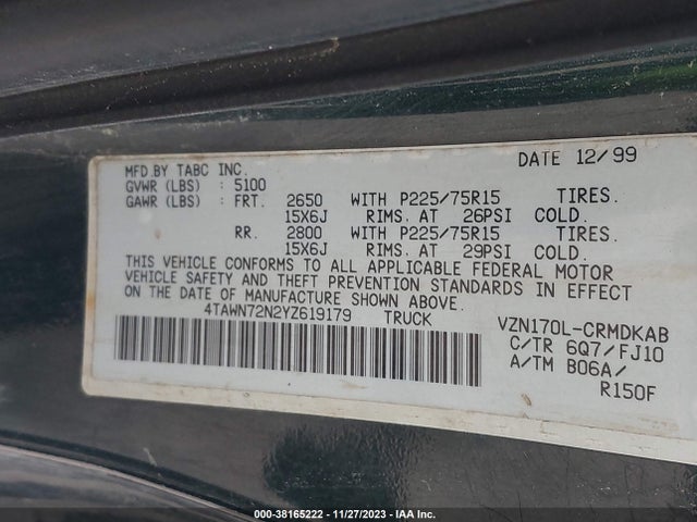 2000 TOYOTA TACOMA BASE V6 VIN: 4TAWN72N2YZ619179