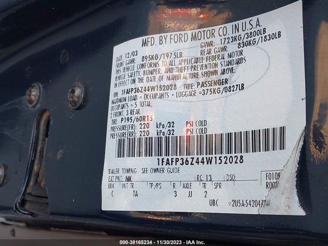2004 FORD FOCUS SE VIN: 1FAFP36Z44W152028