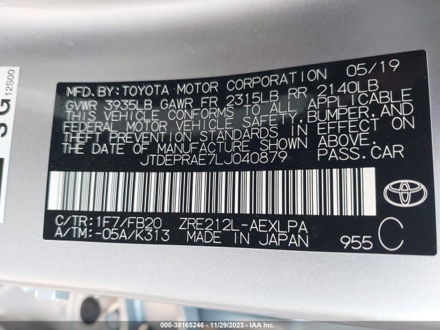 2020 TOYOTA COROLLA LE VIN: JTDEPRAE7LJ040879