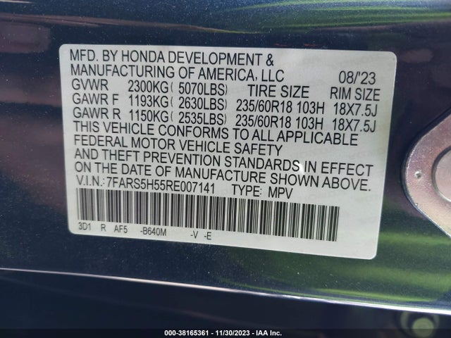 2024 HONDA CR-V HYBRID SPORT VIN: 7FARS5H55RE007141