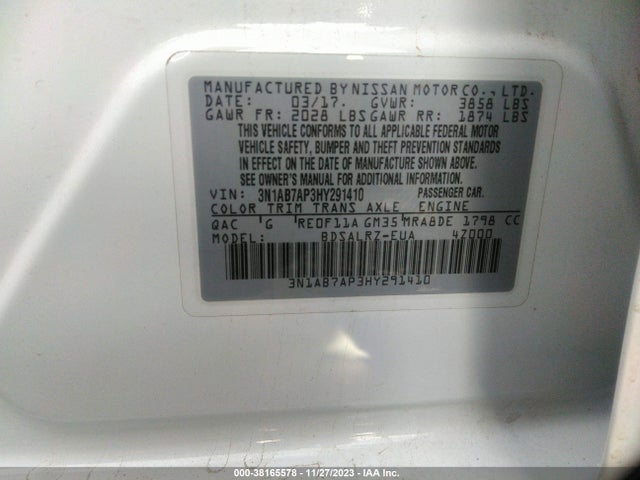 38165578 :رقم المزاد ، 3N1AB7AP3HY291410 vin ، 2017 Nissan Sentra Sr مزاد بيع