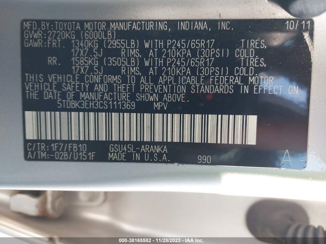 2012 TOYOTA HIGHLANDER BASE V6 VIN: 5TDBK3EH3CS111369