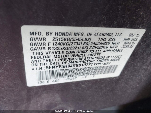 Honda Pilot Touring 2016 5FNYF5H94GB010771 Image 9