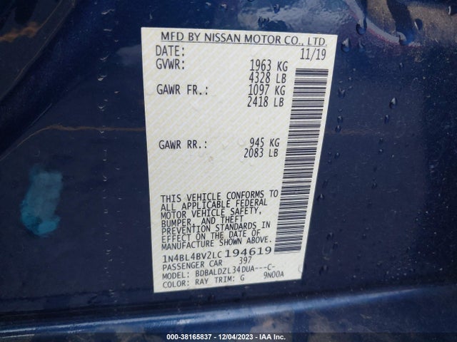 38165837 :رقم المزاد ، 1N4BL4BV2LC194619 vin ، 2020 Nissan Altima S Fwd مزاد بيع
