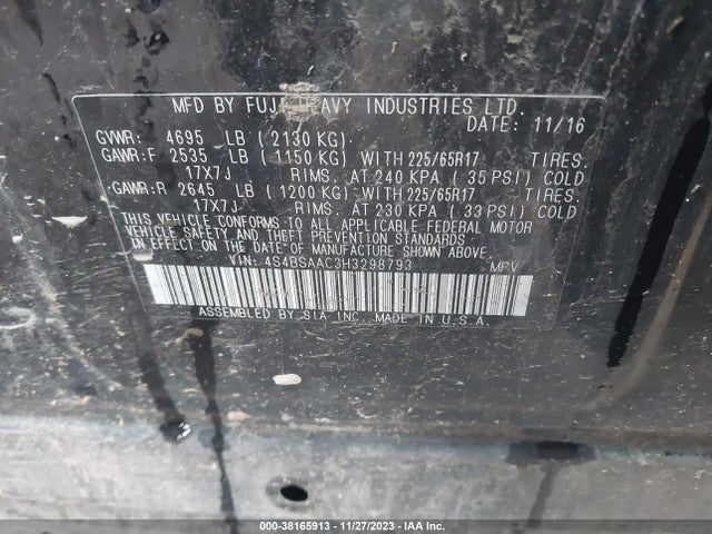 2017 SUBARU OUTBACK 2.5I VIN: 4S4BSAAC3H3298793