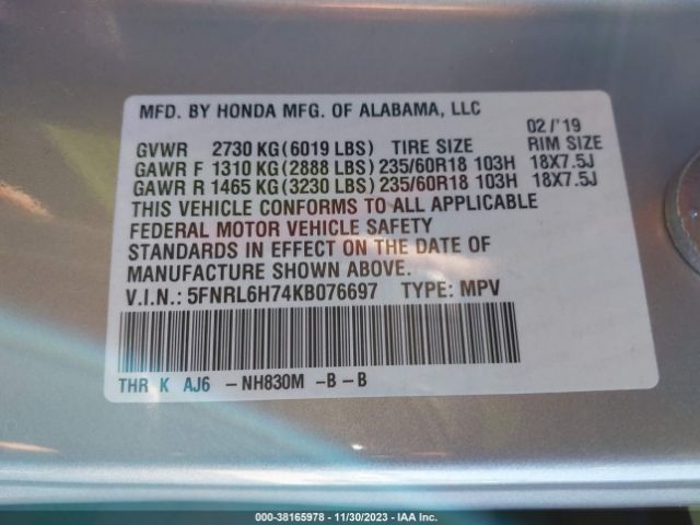 5FNRL6H74KB076697 Honda Odyssey Ex-l