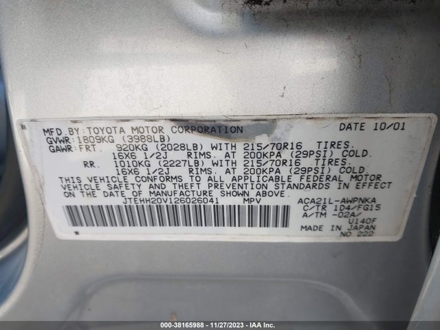 2002 TOYOTA RAV4 BASE (A4) VIN: JTEHH20V126026041