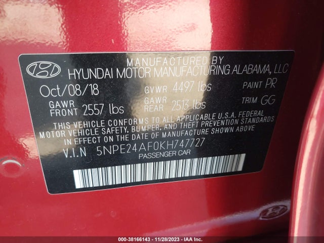 2019 HYUNDAI SONATA SE VIN: 5NPE24AF0KH747727