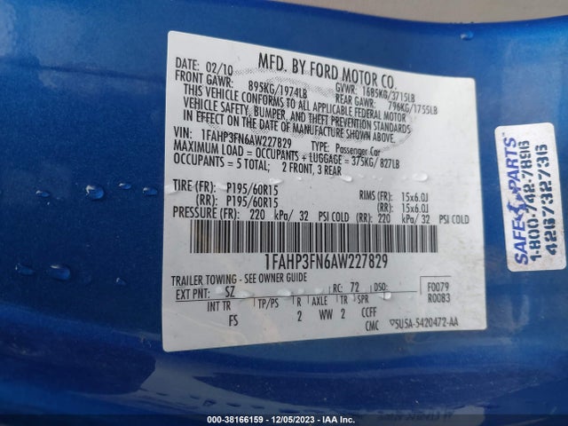 2010 FORD FOCUS SE VIN: 1FAHP3FN6AW227829