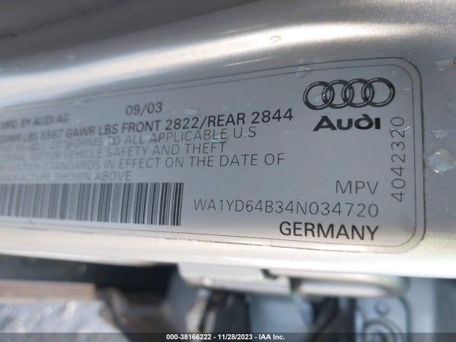 2004 AUDI ALLROAD 2.7T VIN: WA1YD64B34N034720