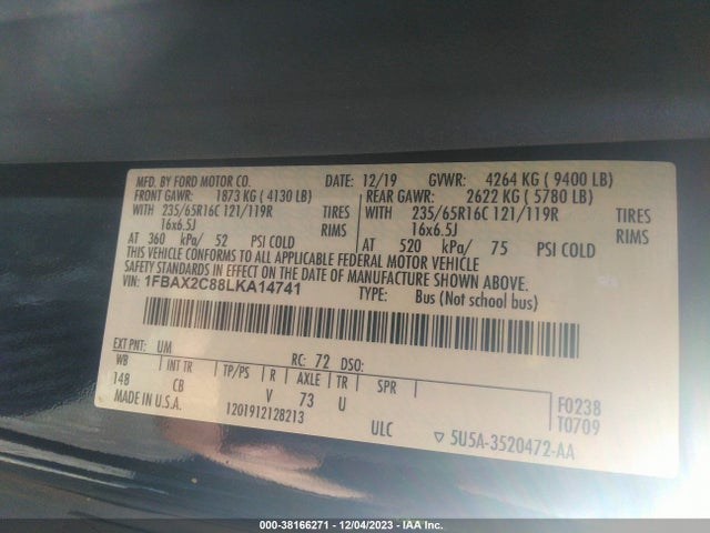 38166271 :رقم المزاد ، 1FBAX2C88LKA14741 vin ، 2020 Ford Transit-350 Passenger Van Xlt مزاد بيع