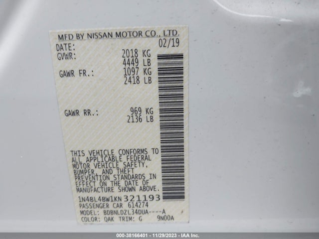 2019 NISSAN ALTIMA 2.5 S VIN: 1N4BL4BW1KN321193