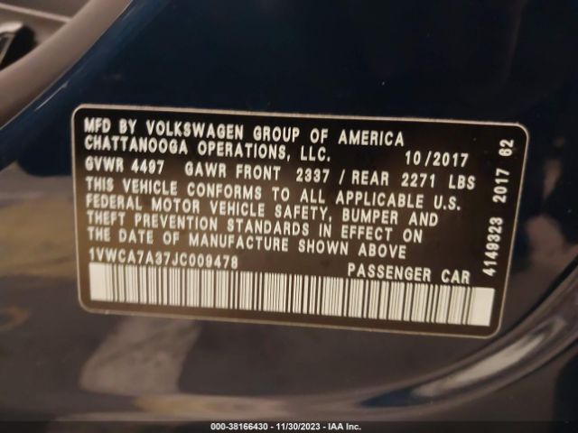 1VWCA7A37JC009478 Volkswagen Passat 2.0t Sel Premium