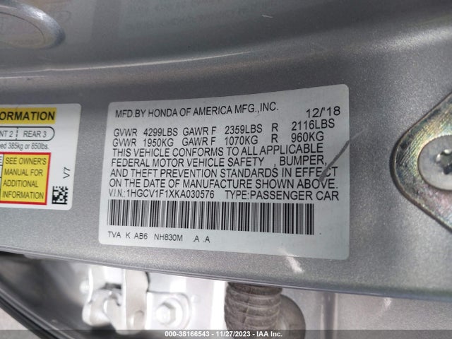 2019 HONDA ACCORD LX VIN: 1HGCV1F1XKA030576