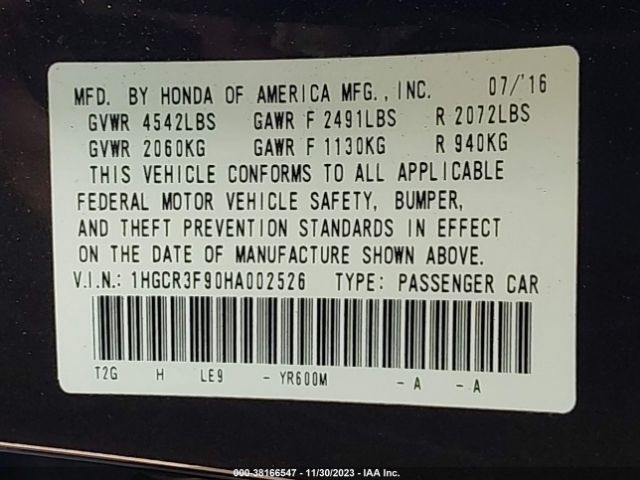 1HGCR3F90HA002526 Honda Accord Touring V6