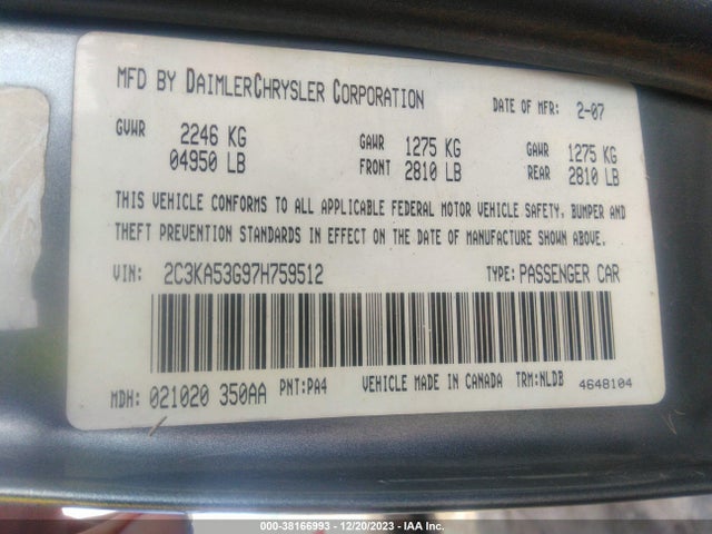 2007 CHRYSLER 300 TOURING VIN: 2C3KA53G97H759512