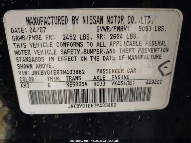 2007 INFINITI M45 SPORT VIN: JNKBY01E67M403462