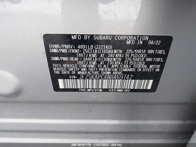 2022 SUBARU FORESTER LIMITED VIN: JF2SKAPC4NH469742