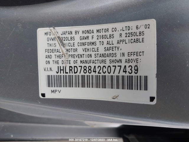 2002 HONDA CR-V EX VIN: JHLRD78842C077439