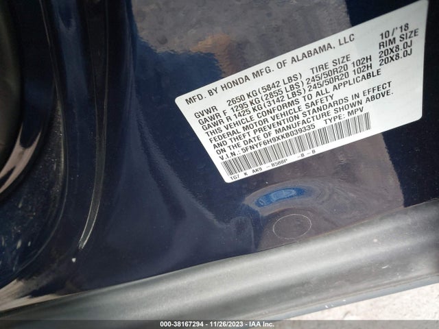 Honda Pilot Touring 2019 5FNYF6H9XKB039335 Image 9