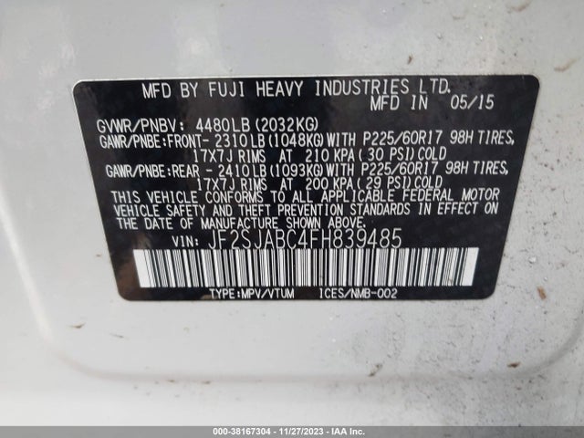 2015 SUBARU FORESTER 2.5I VIN: JF2SJABC4FH839485