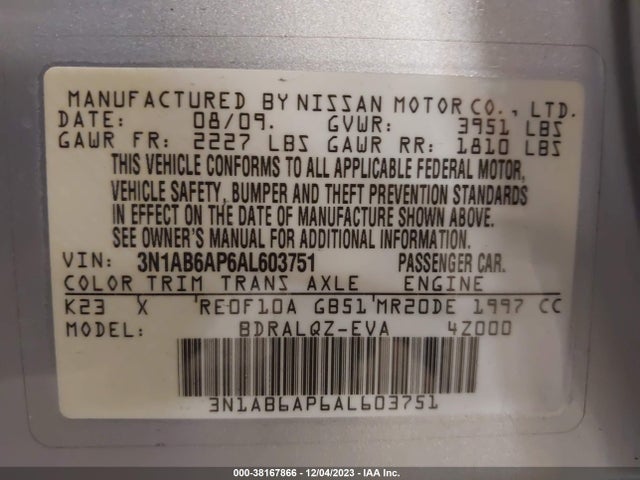 2010 NISSAN SENTRA 2.0 VIN: 3N1AB6AP6AL603751