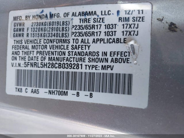 2012 HONDA ODYSSEY LX VIN: 5FNRL5H28CB039281