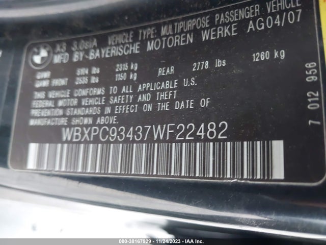 2007 BMW X3 3.0SI VIN: WBXPC93437WF22482